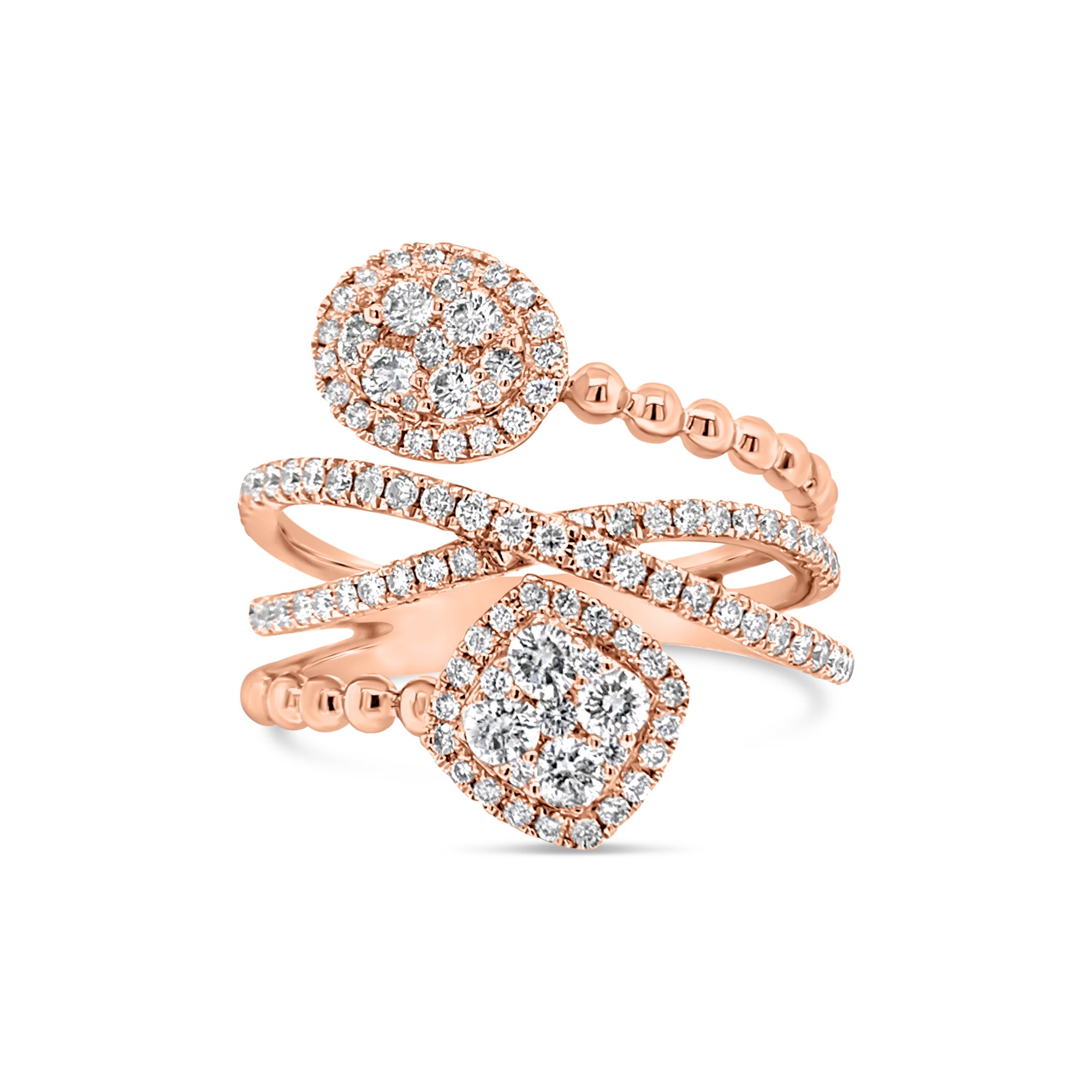 Diamond Mixed Shapes Crossover Ring  -18K gold weighing 5.30 grams  -114 round diamonds totaling 0.76 carats