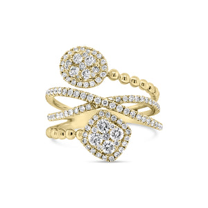 Diamond Mixed Shapes Crossover Ring  -18K gold weighing 5.30 grams  -114 round diamonds totaling 0.76 carats