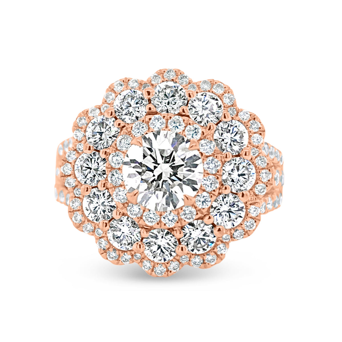 Diamond Carnation Ring  -18K gold weighing 7.21 grams  -0.88 ct round brilliant-cut diamond (GIA-graded I color, I1 clarity)  -12 round diamonds totaling 1.07 carats  -110 round diamonds totaling 0.73 carats