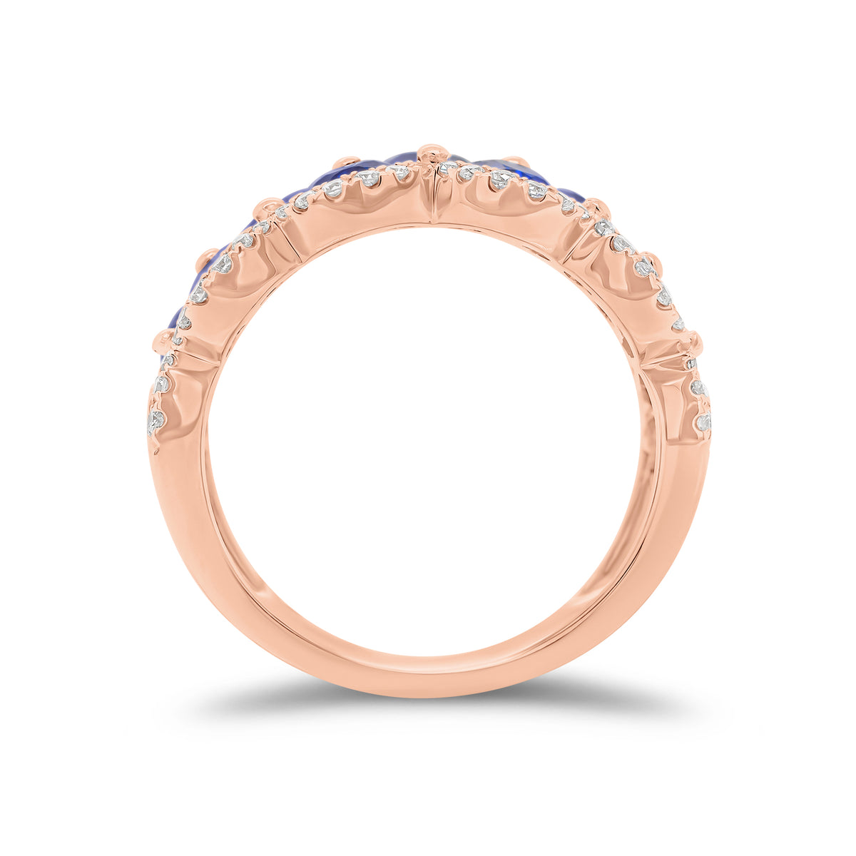 Sapphire and Diamond Scalloped Ring - 18K gold weighing 5.59 grams  - 60 round diamonds weighing 0.30 carats  - 9 pear-shaped sapphires weighing 2.39 carats