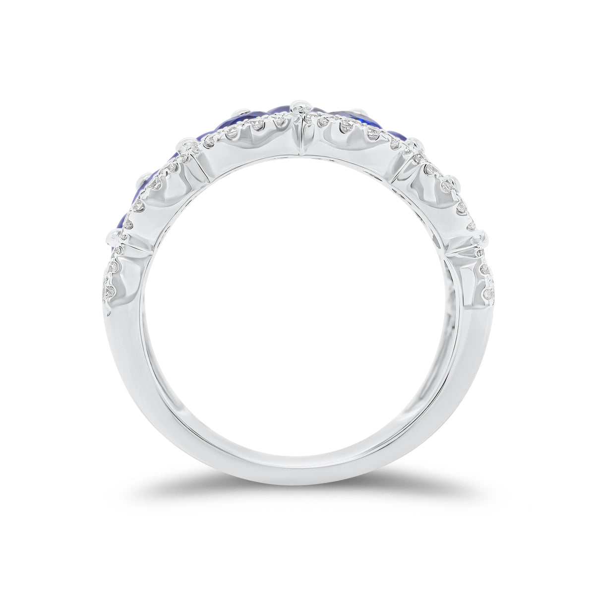 Sapphire and Diamond Scalloped Ring - 18K gold weighing 5.59 grams  - 60 round diamonds weighing 0.30 carats  - 9 pear-shaped sapphires weighing 2.39 carats