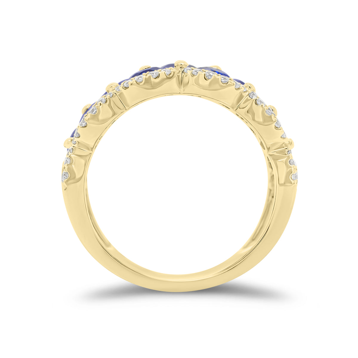 Sapphire and Diamond Scalloped Ring - 18K gold weighing 5.59 grams  - 60 round diamonds weighing 0.30 carats  - 9 pear-shaped sapphires weighing 2.39 carats