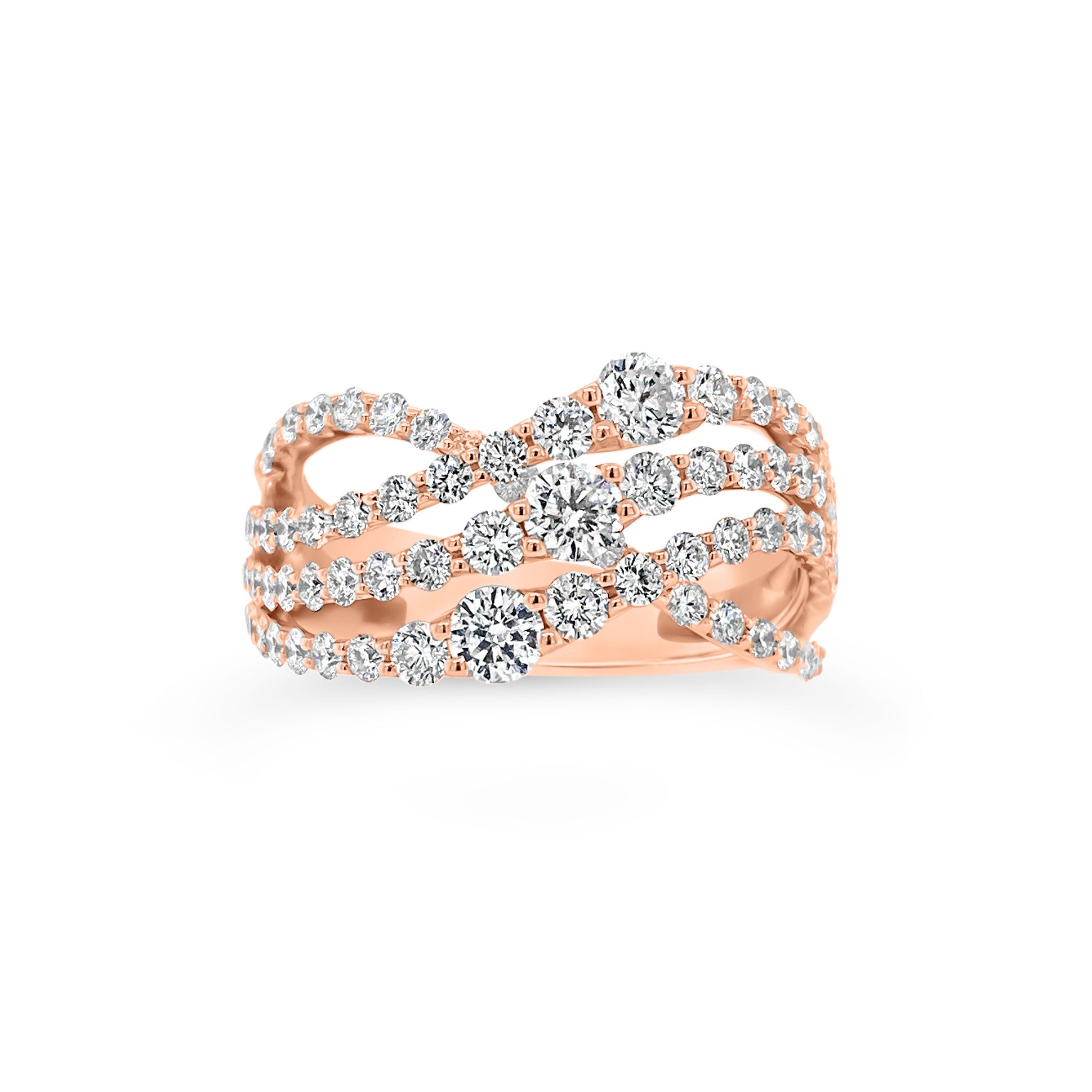 Graduated Diamonds Crossover Ring  - 18K gold weighing 5.71 grams  - 80 round diamonds totaling 1.54 carats