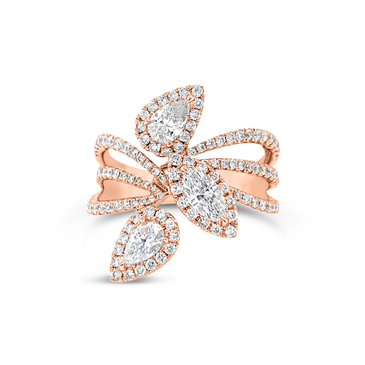 Pear and Marquise-Shaped Diamond Statement Ring - 18K gold weighing 6.24 grams  - 117 round diamonds totaling 0.72 carats  - 2 pear-shaped diamonds totaling 0.46 carats  - 0.28 ct marquise-shaped diamonds