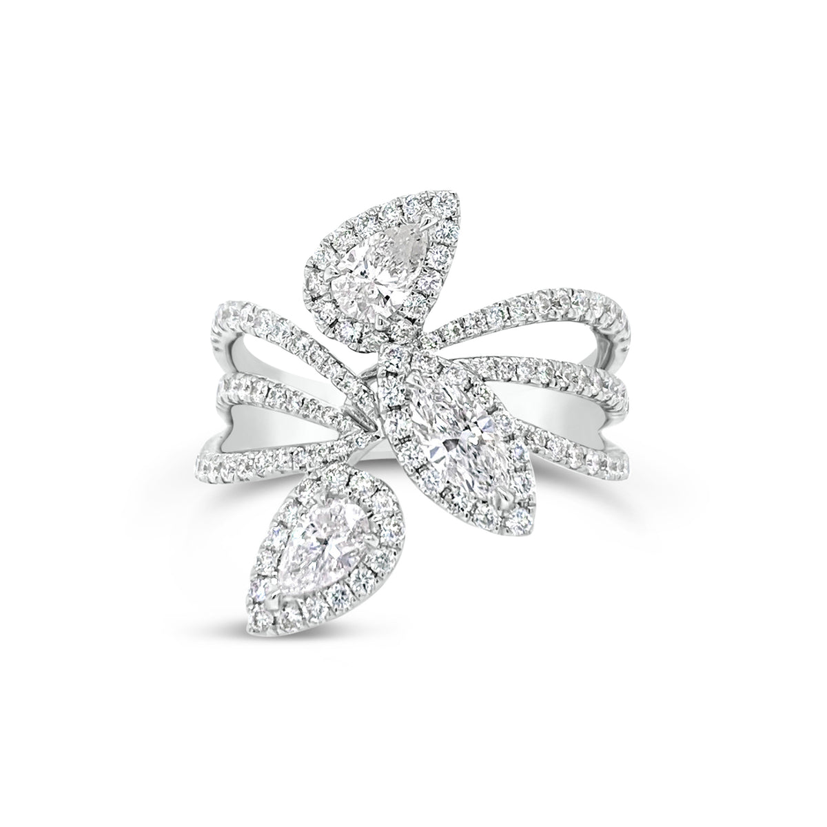 Pear and Marquise-Shaped Diamond Statement Ring - 18K gold weighing 6.24 grams  - 117 round diamonds totaling 0.72 carats  - 2 pear-shaped diamonds totaling 0.46 carats  - 0.28 ct marquise-shaped diamonds