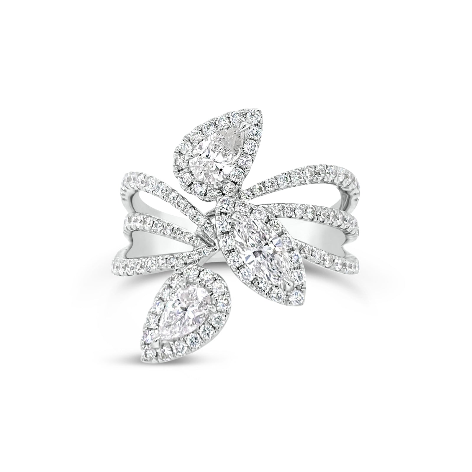 Pear and Marquise-Shaped Diamond Statement Ring - 18K gold weighing 6.24 grams  - 117 round diamonds totaling 0.72 carats  - 2 pear-shaped diamonds totaling 0.46 carats  - 0.28 ct marquise-shaped diamonds