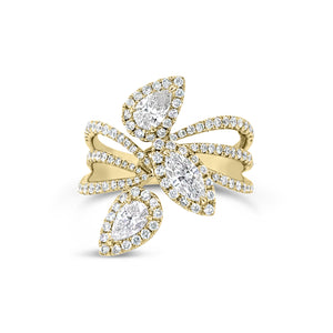Pear and Marquise-Shaped Diamond Statement Ring - 18K gold weighing 6.24 grams  - 117 round diamonds totaling 0.72 carats  - 2 pear-shaped diamonds totaling 0.46 carats  - 0.28 ct marquise-shaped diamonds