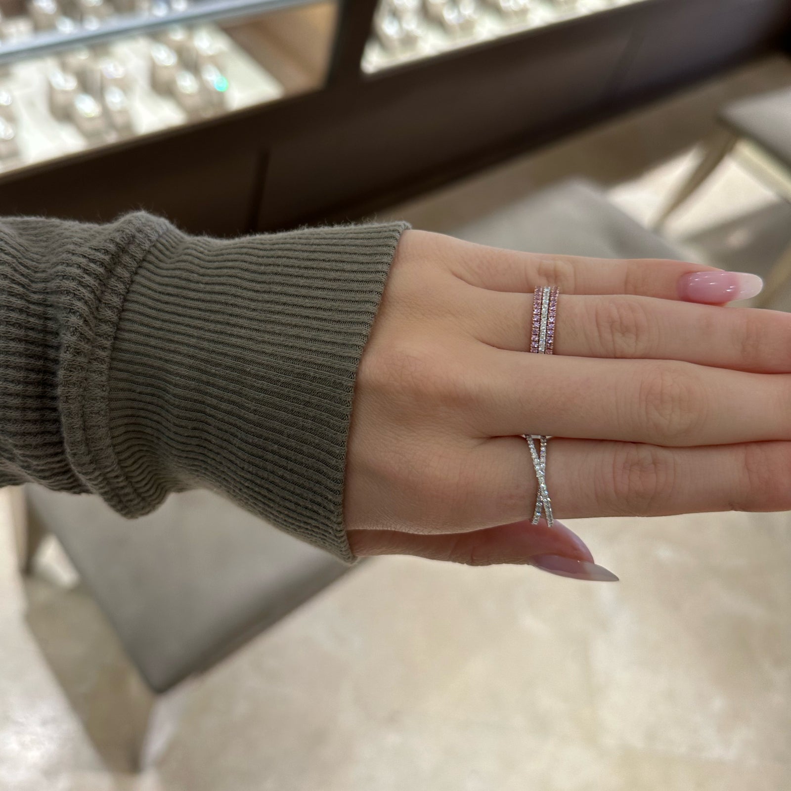 Diamond Slim Crossover Ring - 18K gold weighing 2.78 grams  - 54 round diamonds weighing 0.41 carats