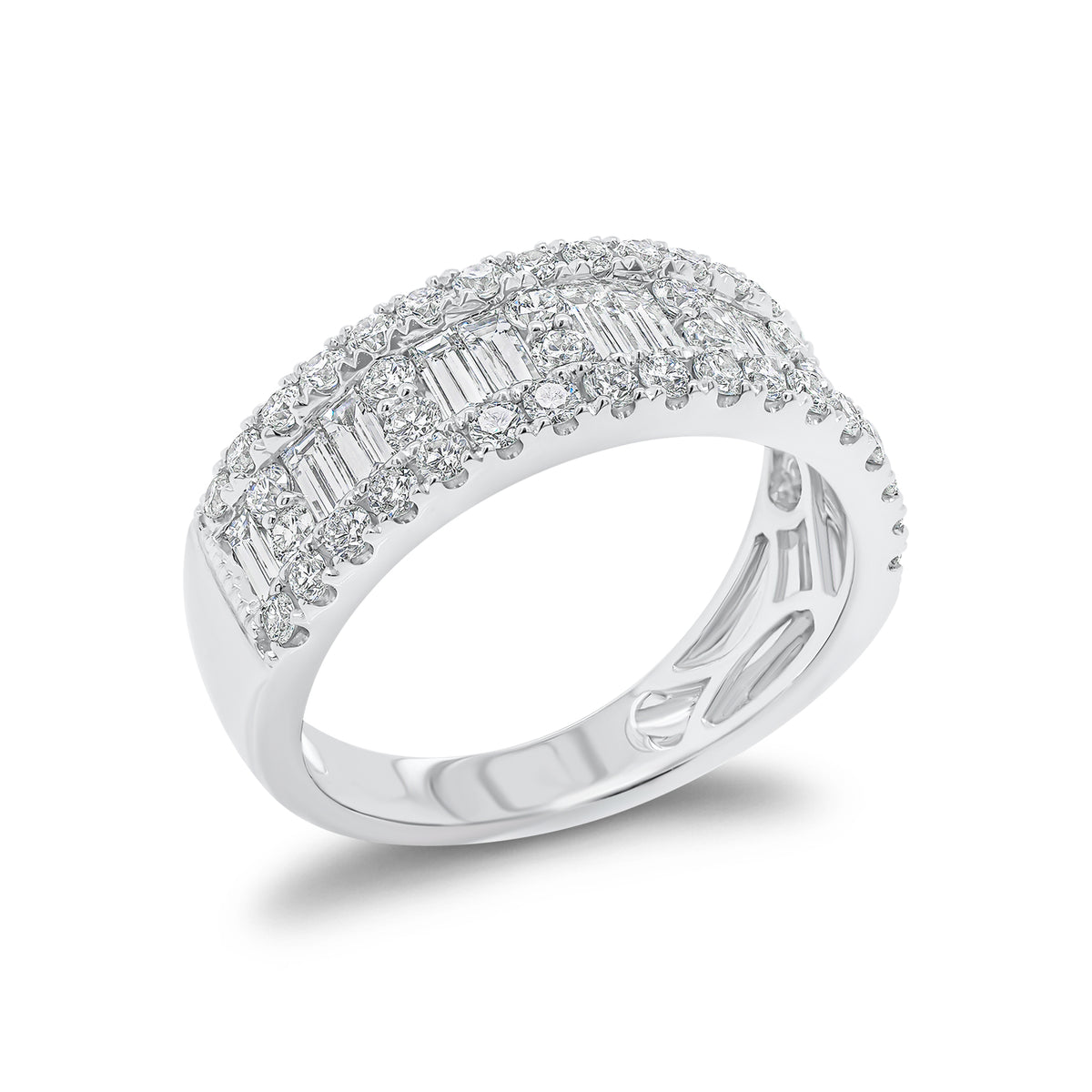 Baguette and Round Diamond Thick Wedding Band - 18K gold weighing 5.10 grams  - 46 round diamonds weighing 0.77 carats  - 12 slim baguettes weighing 0.66 carats