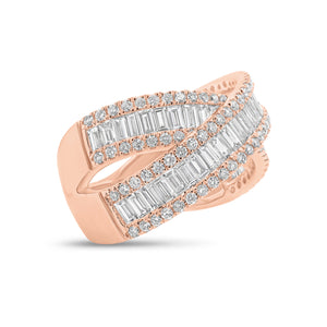 Round and Baguette Diamond Crossover Ring - 18K gold weighing 6.74 grams  - 104 round diamonds weighing 0.63 carats  - 47 slim baguettes weighing 1.33 carats