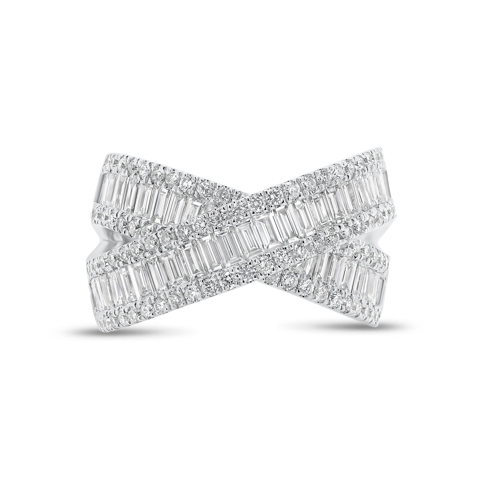 Round and Baguette Diamond Crossover Ring - 18K gold weighing 6.74 grams  - 104 round diamonds weighing 0.63 carats  - 47 slim baguettes weighing 1.33 carats