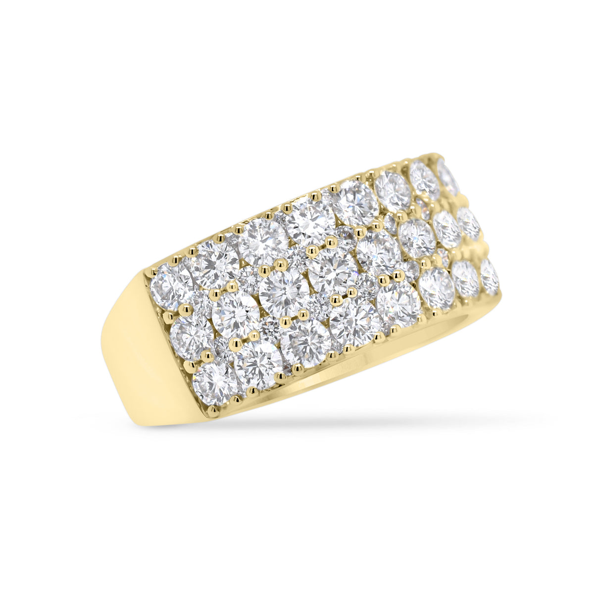 Diamond Triple Row Wedding Band  - 18K gold weighing 5.28 grams  - 36 round diamonds totaling 2.33 carats  - 44 round diamonds totaling 0.33 carats
