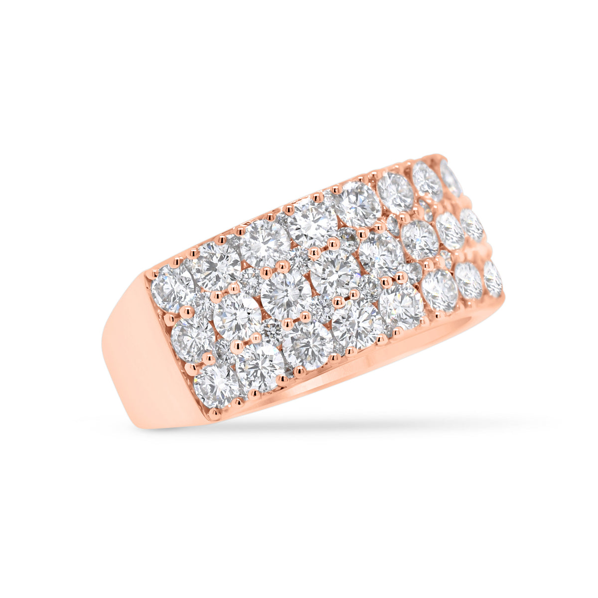 Diamond Triple Row Wedding Band  - 18K gold weighing 5.28 grams  - 36 round diamonds totaling 2.33 carats  - 44 round diamonds totaling 0.33 carats