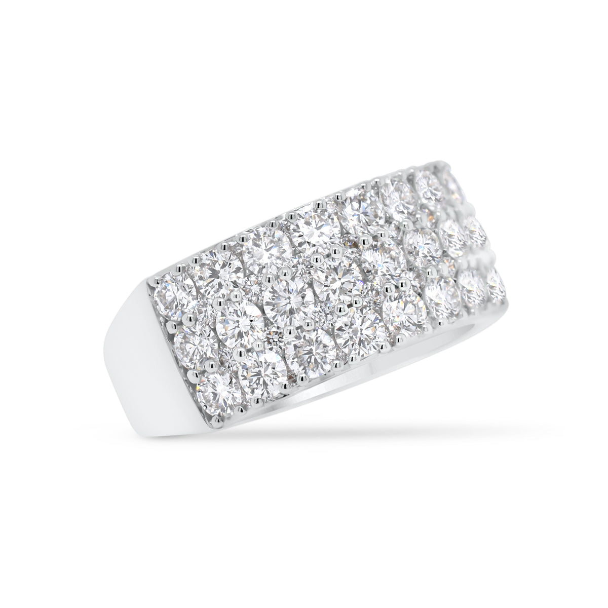 Diamond Triple Row Wedding Band  - 18K gold weighing 5.28 grams  - 36 round diamonds totaling 2.33 carats  - 44 round diamonds totaling 0.33 carats