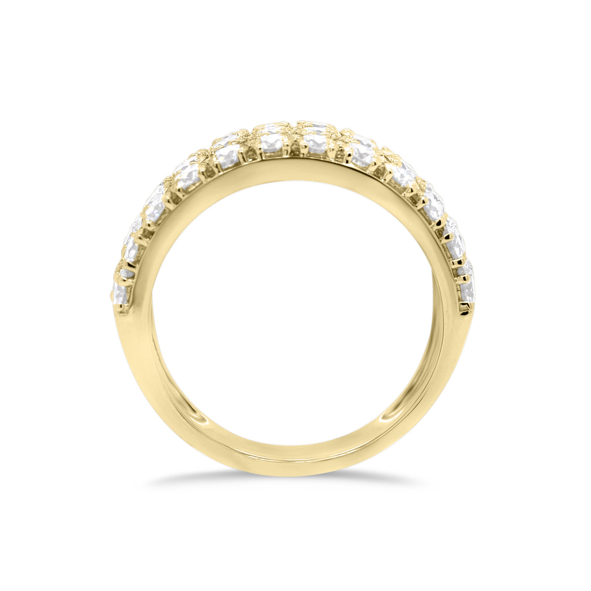 Diamond Triple Row Wedding Band  - 18K gold weighing 5.28 grams  - 36 round diamonds totaling 2.33 carats  - 44 round diamonds totaling 0.33 carats