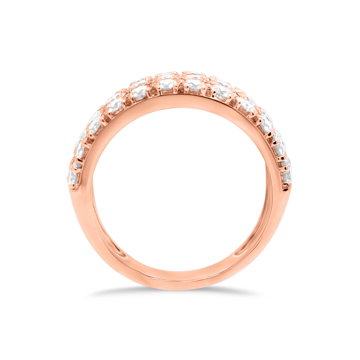 Diamond Triple Row Wedding Band  - 18K gold weighing 5.28 grams  - 36 round diamonds totaling 2.33 carats  - 44 round diamonds totaling 0.33 carats