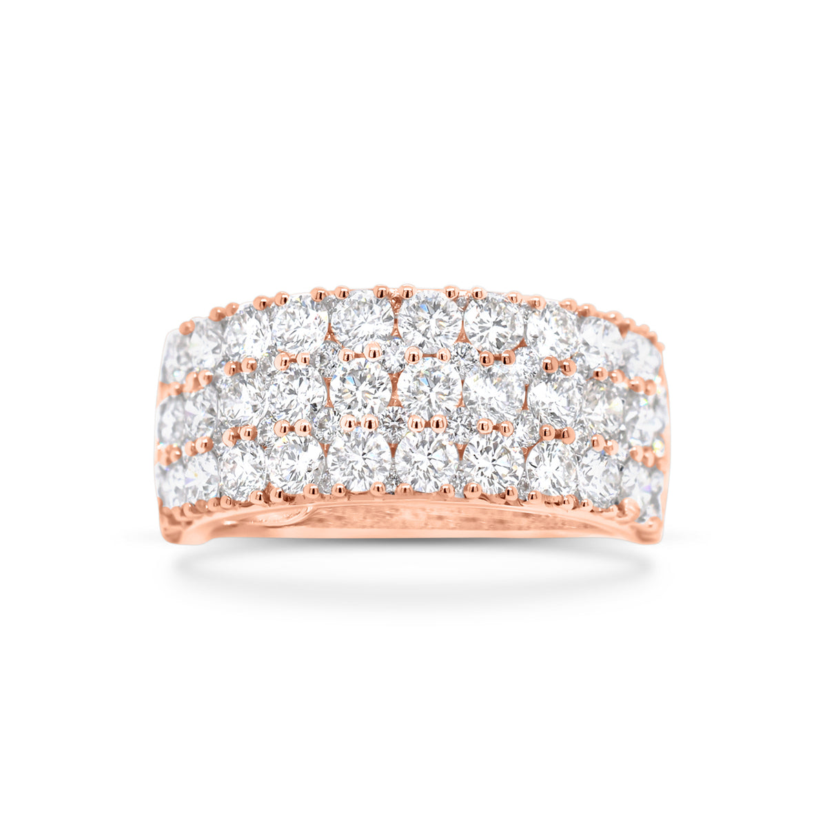 Diamond Triple Row Wedding Band  - 18K gold weighing 5.28 grams  - 36 round diamonds totaling 2.33 carats  - 44 round diamonds totaling 0.33 carats