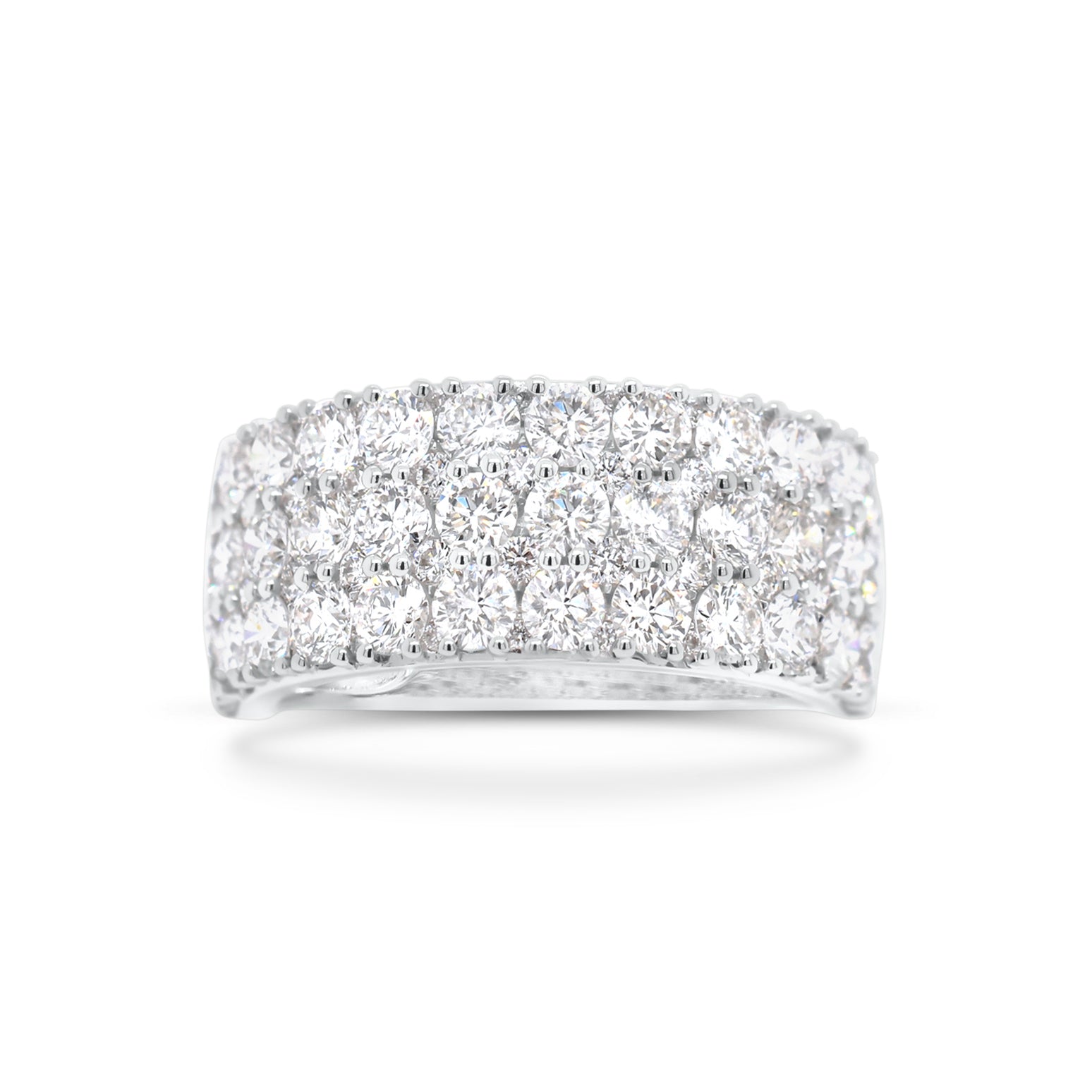 Diamond Triple Row Wedding Band  - 18K gold weighing 5.28 grams  - 36 round diamonds totaling 2.33 carats  - 44 round diamonds totaling 0.33 carats