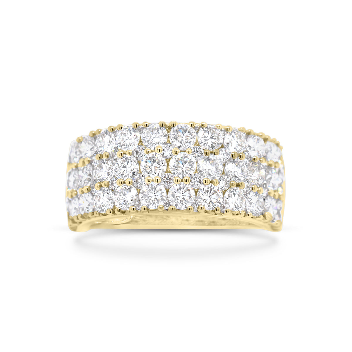 Diamond Triple Row Wedding Band  - 18K gold weighing 5.28 grams  - 36 round diamonds totaling 2.33 carats  - 44 round diamonds totaling 0.33 carats