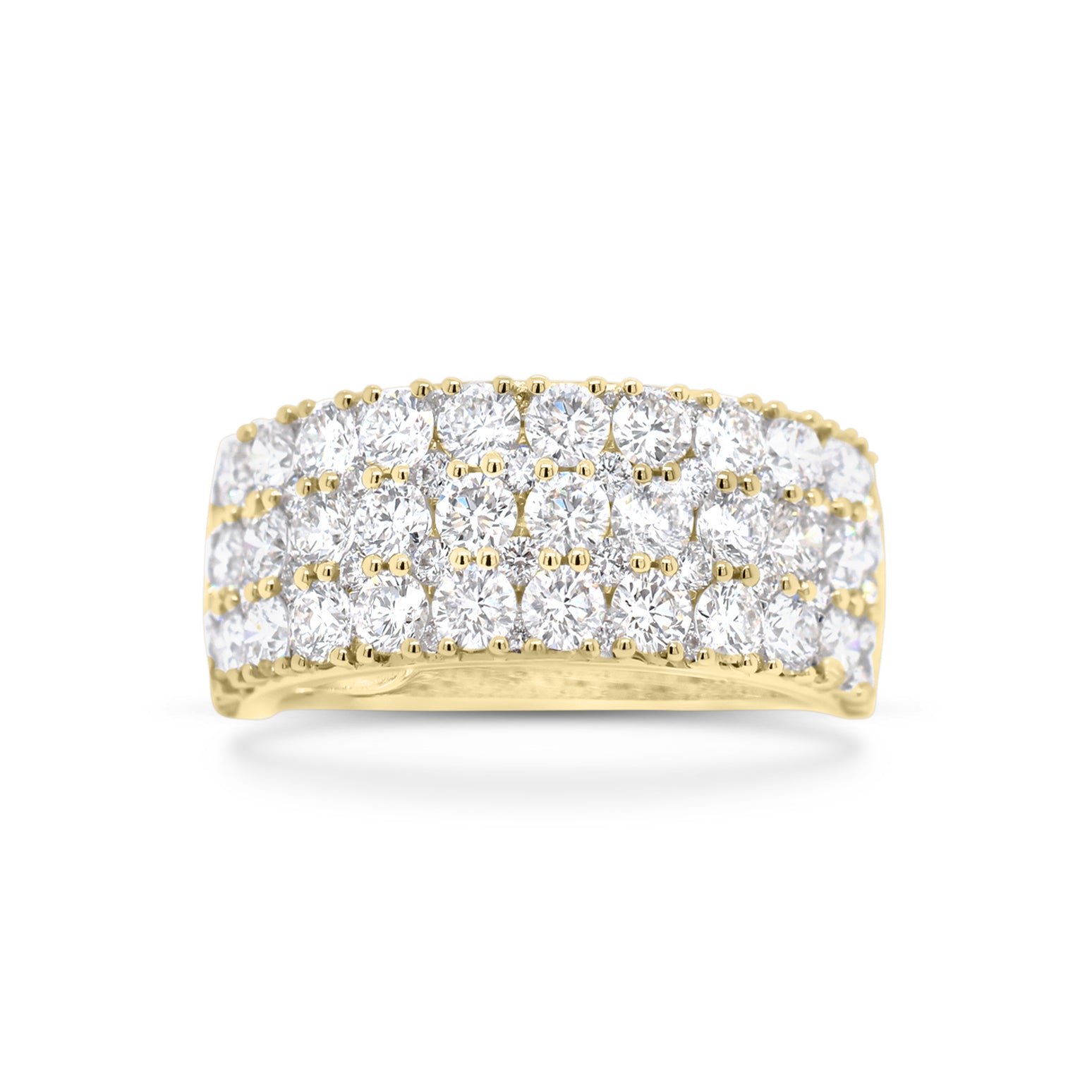 Diamond Triple Row Wedding Band  - 18K gold weighing 5.28 grams  - 36 round diamonds totaling 2.33 carats  - 44 round diamonds totaling 0.33 carats
