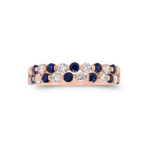Sapphire & diamond double-row ring - 18K gold weighing 3.12 grams  - 12 round diamonds totaling 0.47 carats  - 11 sapphires totaling 0.58 carats