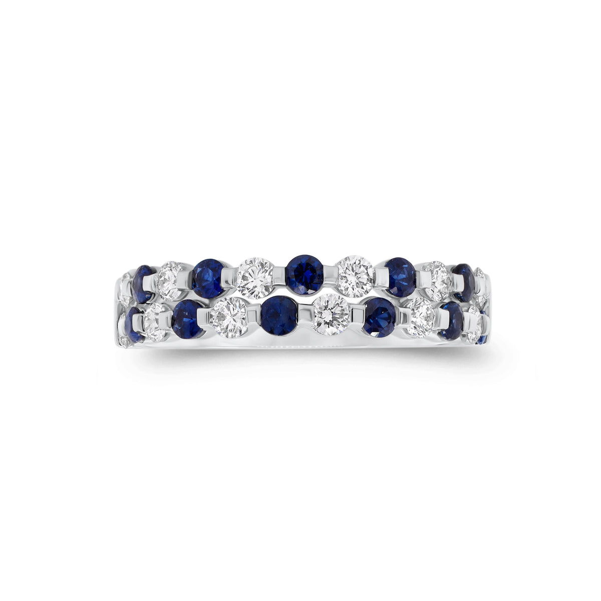 Sapphire & diamond double-row ring - 18K gold weighing 3.12 grams  - 12 round diamonds totaling 0.47 carats  - 11 sapphires totaling 0.58 carats