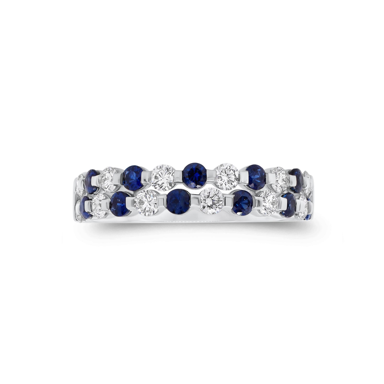 Sapphire & diamond double-row ring - 18K gold weighing 3.12 grams  - 12 round diamonds totaling 0.47 carats  - 11 sapphires totaling 0.58 carats