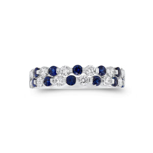 Sapphire & diamond double-row ring - 18K gold weighing 3.12 grams  - 12 round diamonds totaling 0.47 carats  - 11 sapphires totaling 0.58 carats