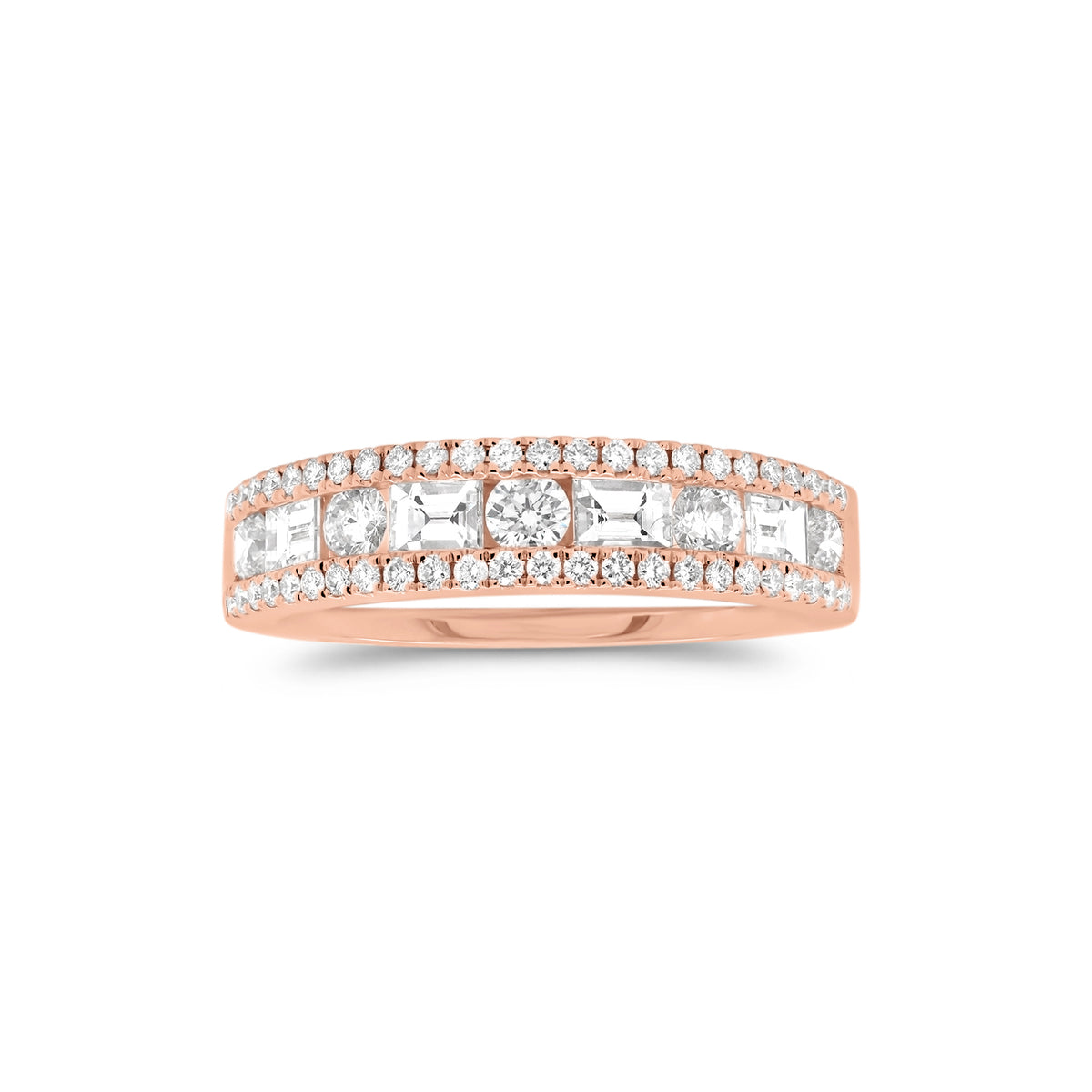 Multi-Shape Diamond Wedding Band  - 18K gold weighing 4.93 grams  - 4 slim baguettes totaling 0.43 carats  - 5 round diamonds totaling 0.35 carats  - 48 round diamonds totaling 0.22 carats