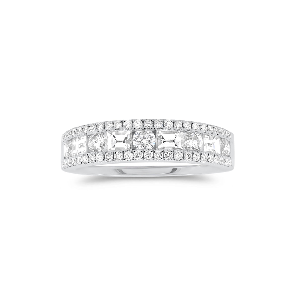 Multi-Shape Diamond Wedding Band  - 18K gold weighing 4.93 grams  - 4 slim baguettes totaling 0.43 carats  - 5 round diamonds totaling 0.35 carats  - 48 round diamonds totaling 0.22 carats