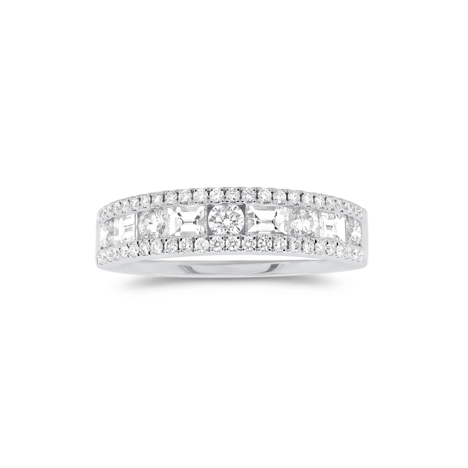 Multi-Shape Diamond Wedding Band  - 18K gold weighing 4.93 grams  - 4 slim baguettes totaling 0.43 carats  - 5 round diamonds totaling 0.35 carats  - 48 round diamonds totaling 0.22 carats