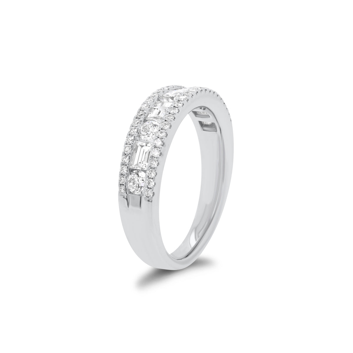 Multi-Shape Diamond Wedding Band  - 18K gold weighing 4.93 grams  - 4 slim baguettes totaling 0.43 carats  - 5 round diamonds totaling 0.35 carats  - 48 round diamonds totaling 0.22 carats