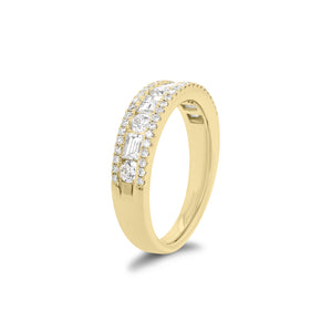 Multi-Shape Diamond Wedding Band  - 18K gold weighing 4.93 grams  - 4 slim baguettes totaling 0.43 carats  - 5 round diamonds totaling 0.35 carats  - 48 round diamonds totaling 0.22 carats