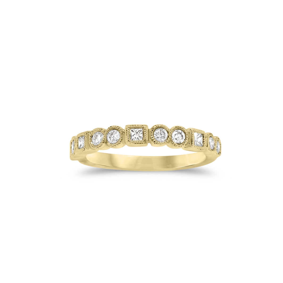 Diamond Multi-Shape Wedding Band with Milgrain  - 18K gold weighing 2.65 grams  - 8 round diamonds totaling 0.24 carats  - 3 princess-cut diamonds totaling 0.13 carats