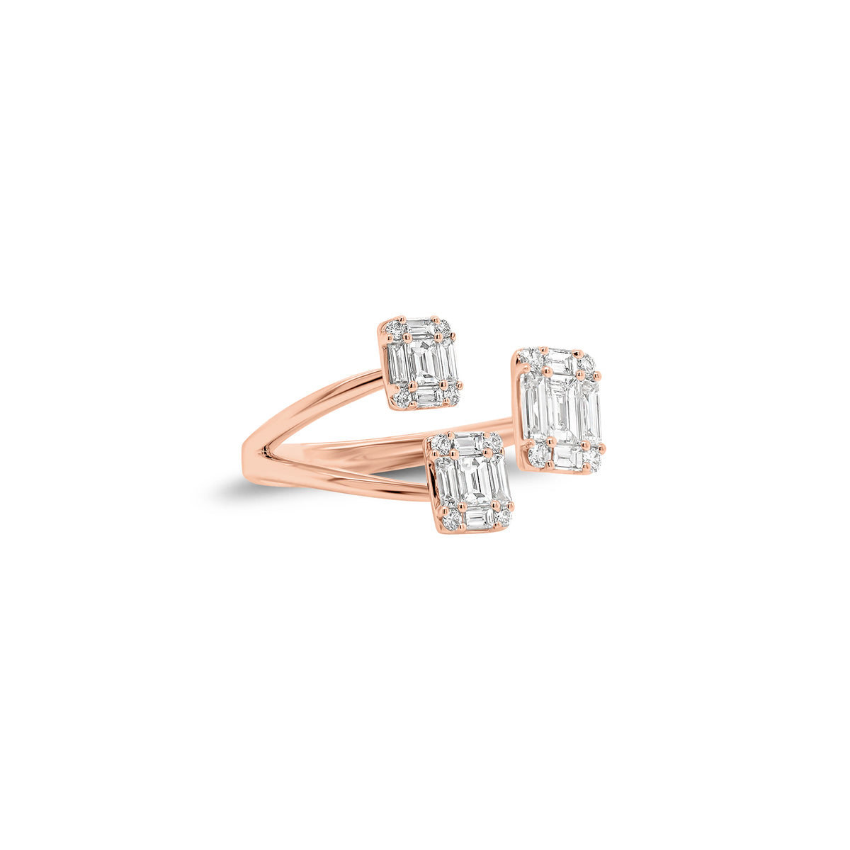 Emerald-Cut Diamond Illusion Trio Open Ring - 18K gold weighing 4.01 grams  - 12 round diamonds weighing 0.14 carats  - 12 slim baguettes weighing 0.61 carats  - 3 slim baguettes weighing 0.33 carats