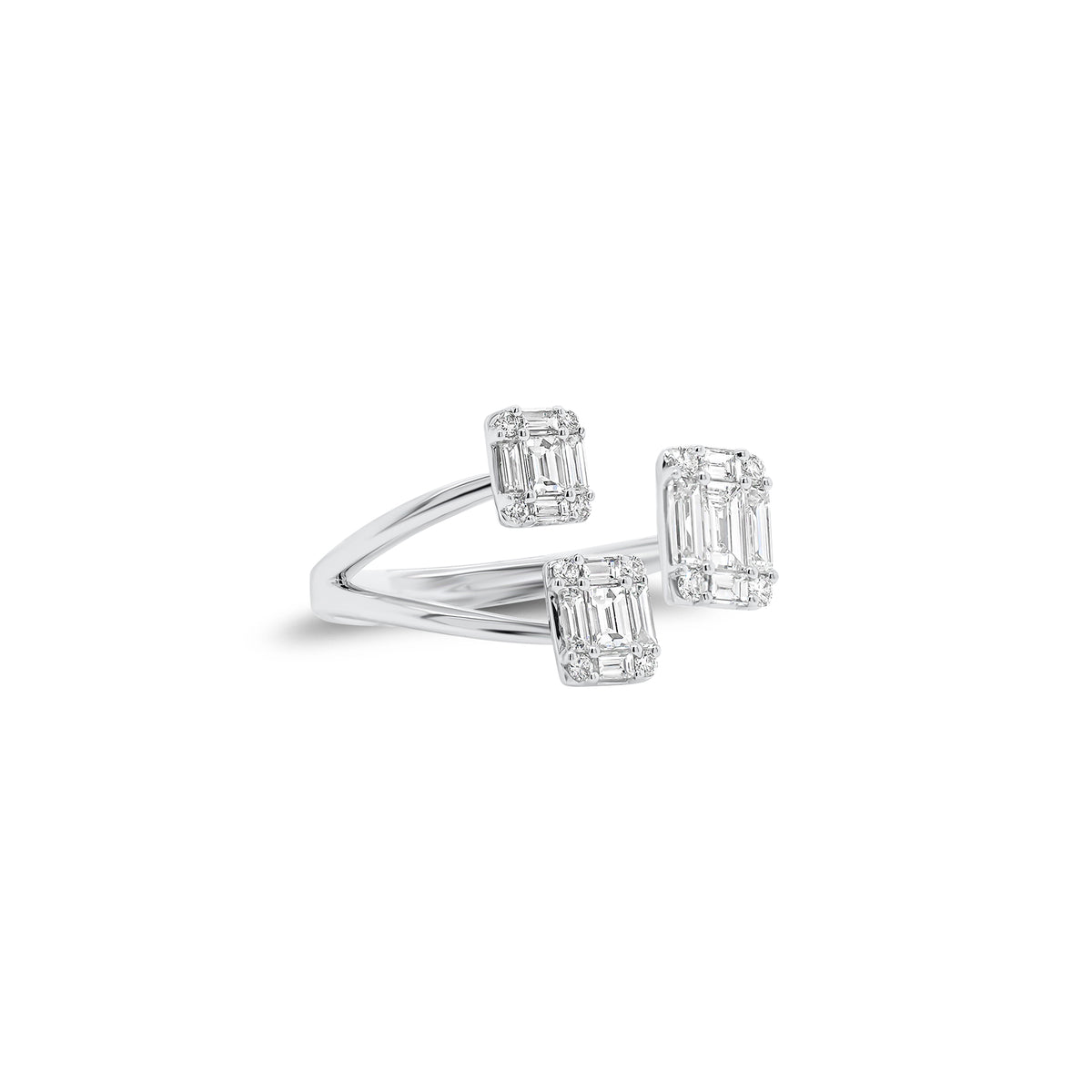 Emerald-Cut Diamond Illusion Trio Open Ring - 18K gold weighing 4.01 grams  - 12 round diamonds weighing 0.14 carats  - 12 slim baguettes weighing 0.61 carats  - 3 slim baguettes weighing 0.33 carats
