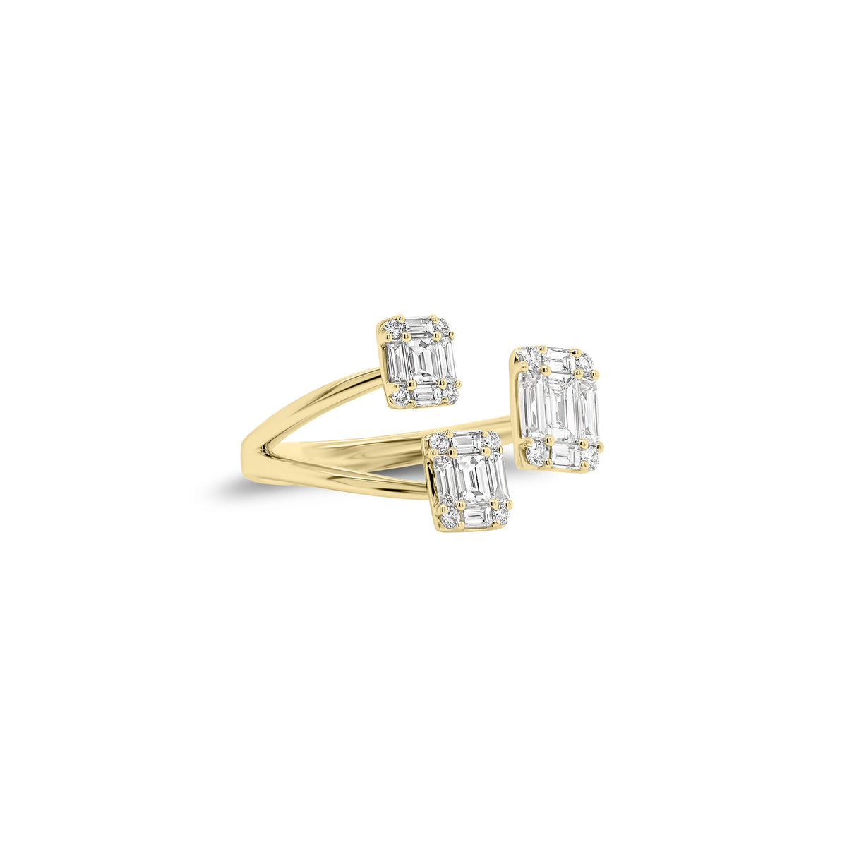 Emerald-Cut Diamond Illusion Trio Open Ring - 18K gold weighing 4.01 grams  - 12 round diamonds weighing 0.14 carats  - 12 slim baguettes weighing 0.61 carats  - 3 slim baguettes weighing 0.33 carats