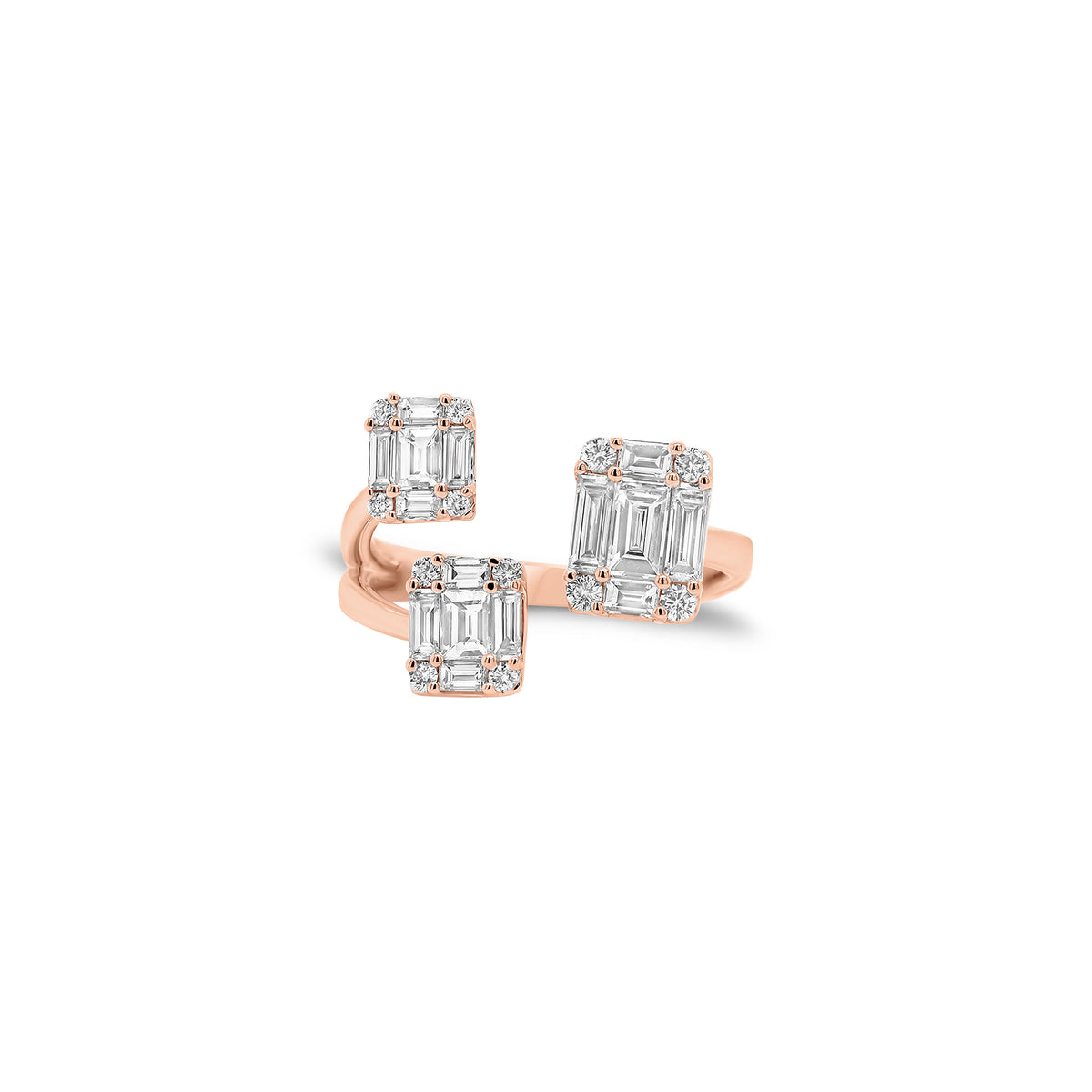 Emerald-Cut Diamond Illusion Trio Open Ring - 18K gold weighing 4.01 grams  - 12 round diamonds weighing 0.14 carats  - 12 slim baguettes weighing 0.61 carats  - 3 slim baguettes weighing 0.33 carats