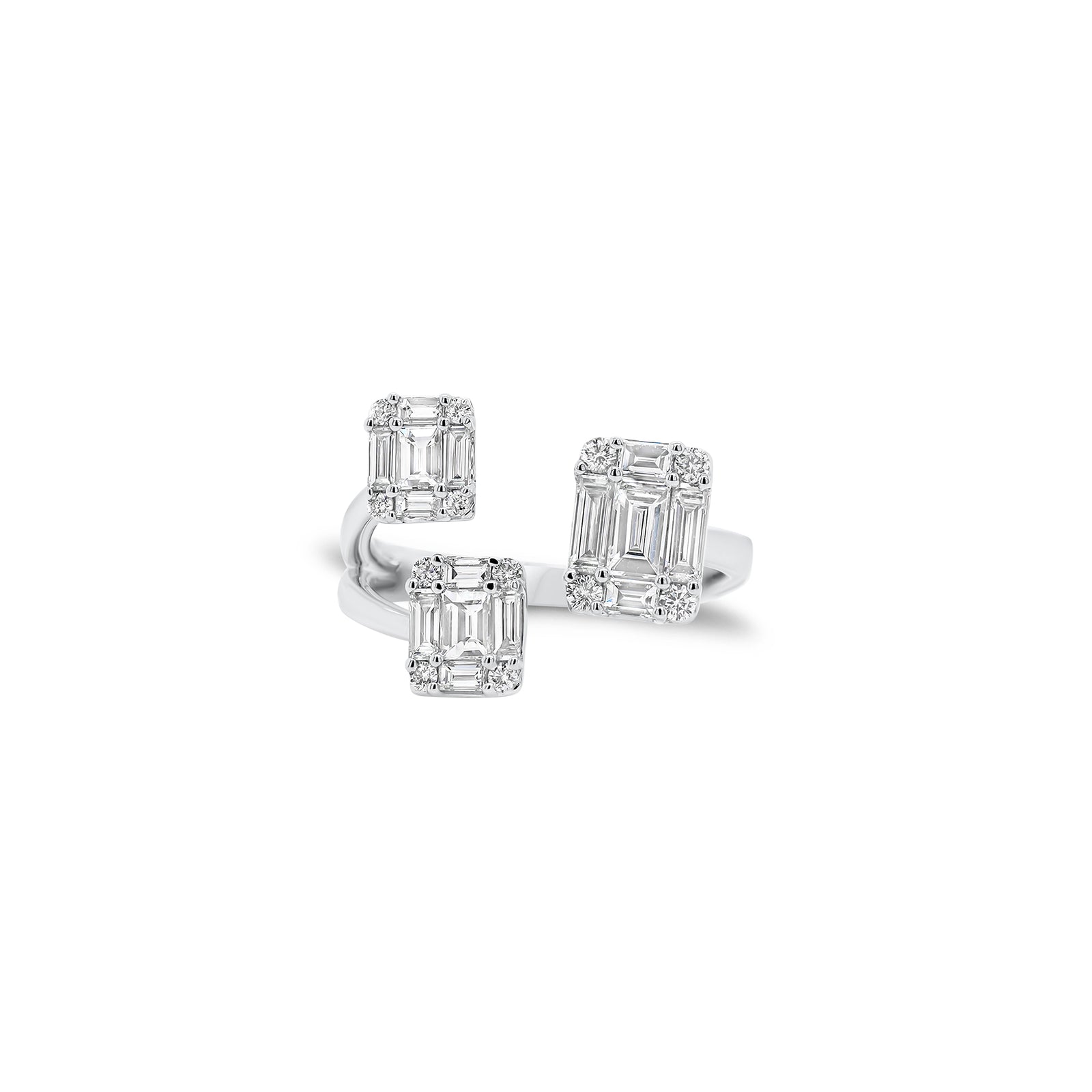 Emerald-Cut Diamond Illusion Trio Open Ring - 18K gold weighing 4.01 grams  - 12 round diamonds weighing 0.14 carats  - 12 slim baguettes weighing 0.61 carats  - 3 slim baguettes weighing 0.33 carats