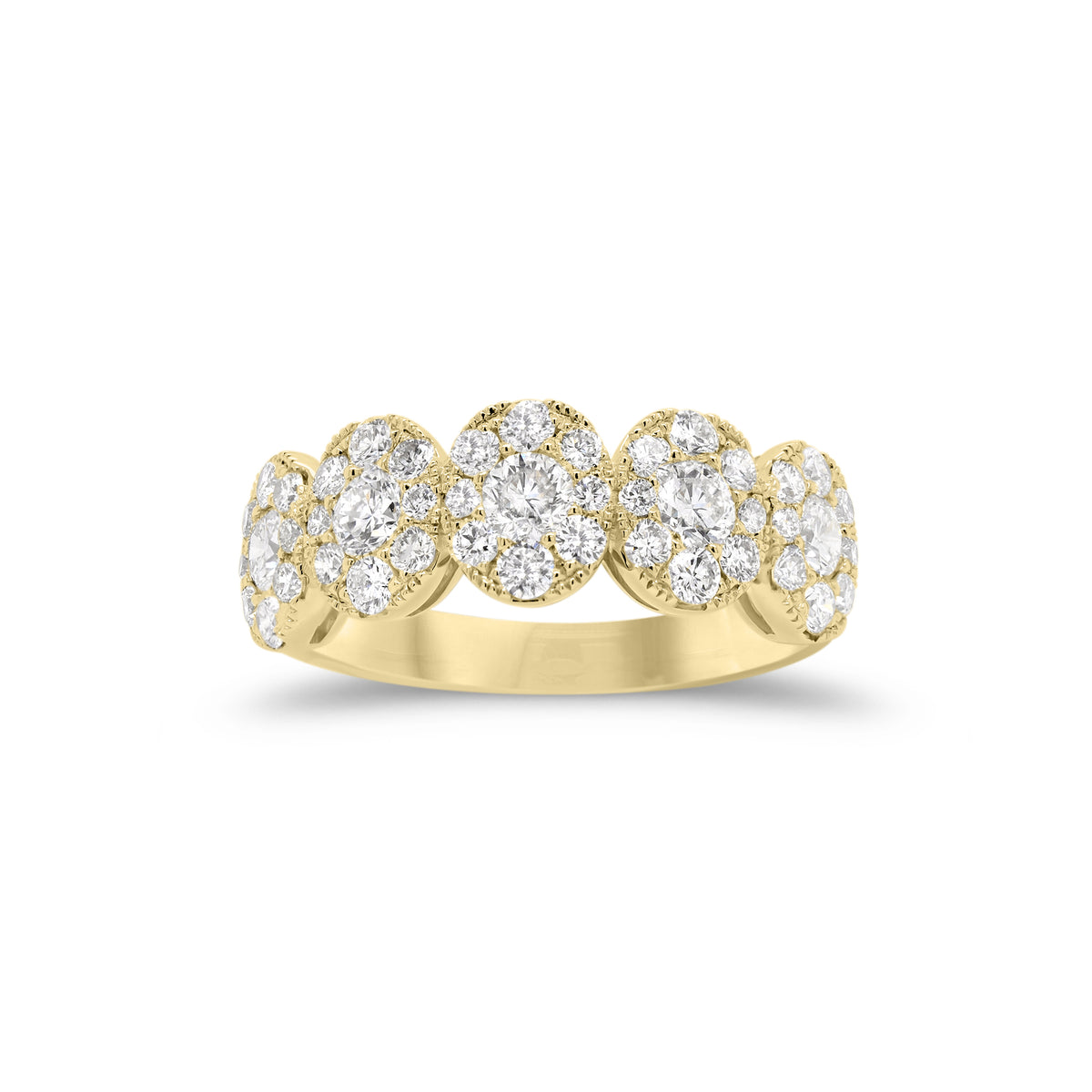 Halo Diamond Ovals Wedding Band  - 18K gold weighing 4.13 grams  - 5 round diamonds totaling 0.57 carats  - 4 round diamonds totaling 0.79 carats