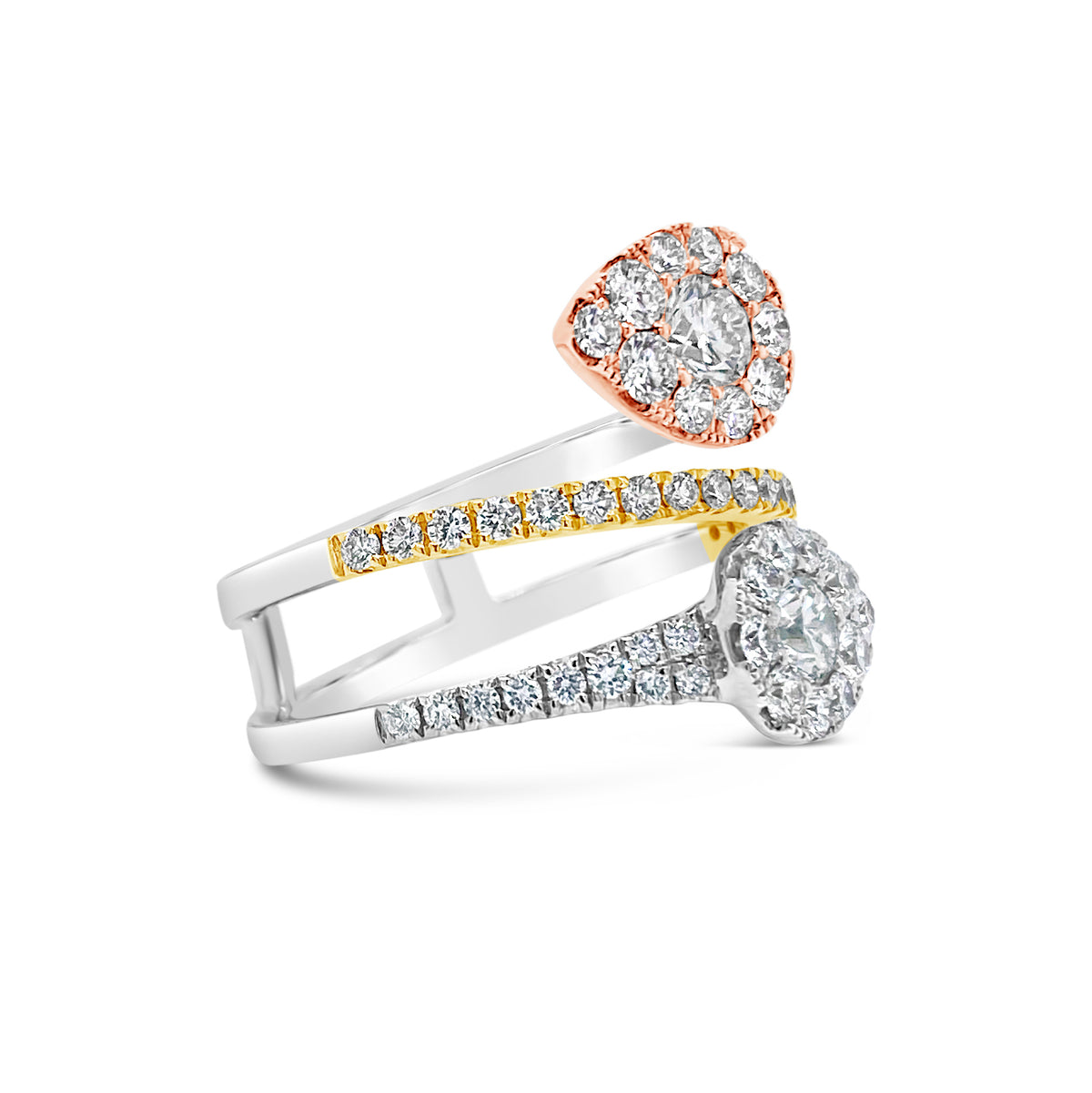 Diamond Double Teardrop Wrap Ring  -18K gold weighing 5.18 grams  -2 round brilliant-cut diamonds totaling 0.50 carats  -57 round diamonds totaling 0.90 carats