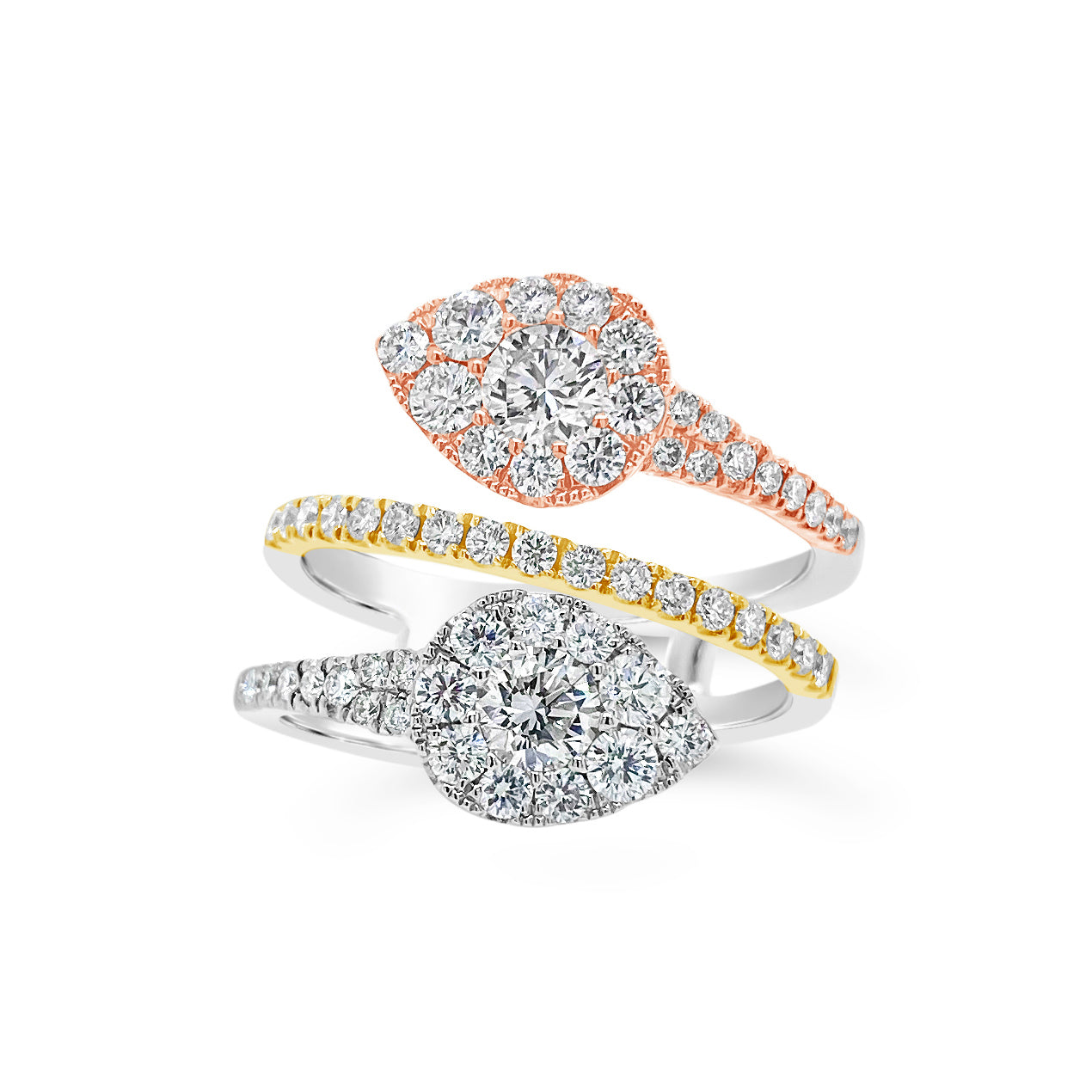 Diamond Double Teardrop Wrap Ring  -18K gold weighing 5.18 grams  -2 round brilliant-cut diamonds totaling 0.50 carats  -57 round diamonds totaling 0.90 carats