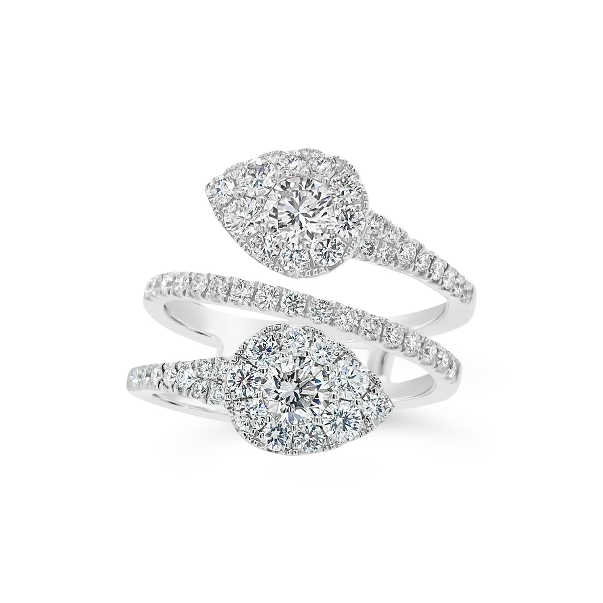 Diamond Double Teardrop Wrap Ring  -18K gold weighing 5.18 grams  -2 round brilliant-cut diamonds totaling 0.50 carats  -57 round diamonds totaling 0.90 carats