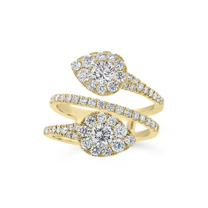Diamond Double Teardrop Wrap Ring  -18K gold weighing 5.18 grams  -2 round brilliant-cut diamonds totaling 0.50 carats  -57 round diamonds totaling 0.90 carats