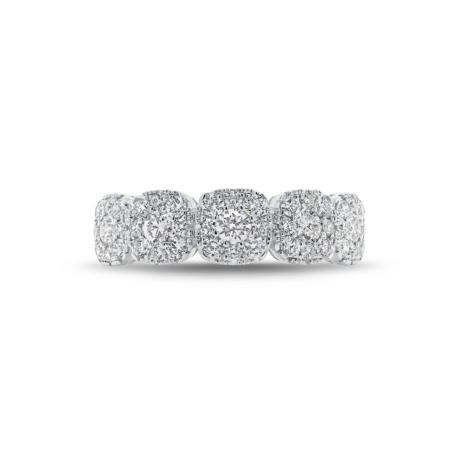 Halo Diamond Cushions Wedding Band - 18K gold weighing 3.09 grams  - 5 round diamonds weighing 0.31 carats  - 40 round diamonds weighing 0.48 carats