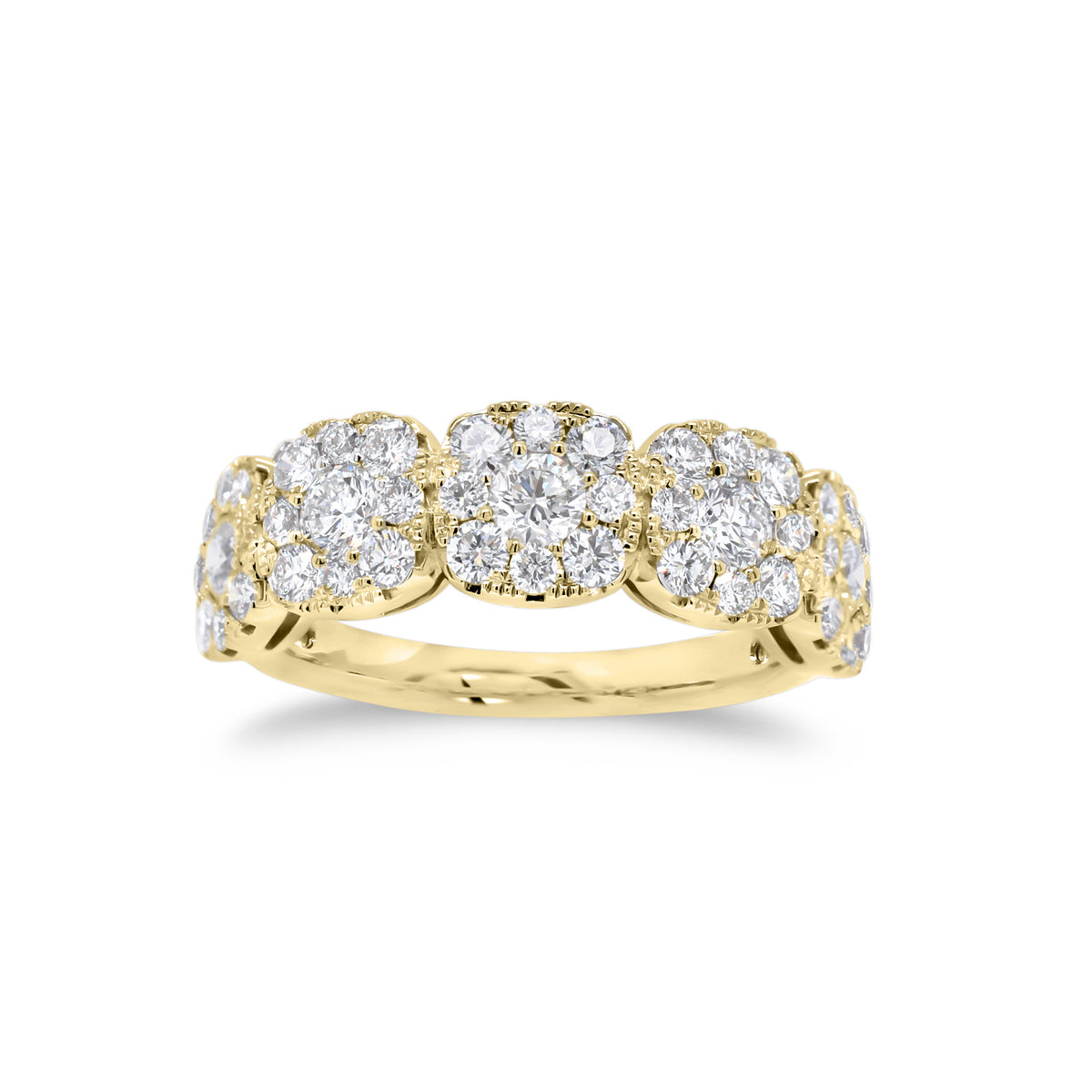 Diamond Cushion Wedding Band  - 18K gold weighing 3.89 grams  - 5 round diamonds totaling 0.50 carats  - 40 round diamonds totaling 0.85 carats