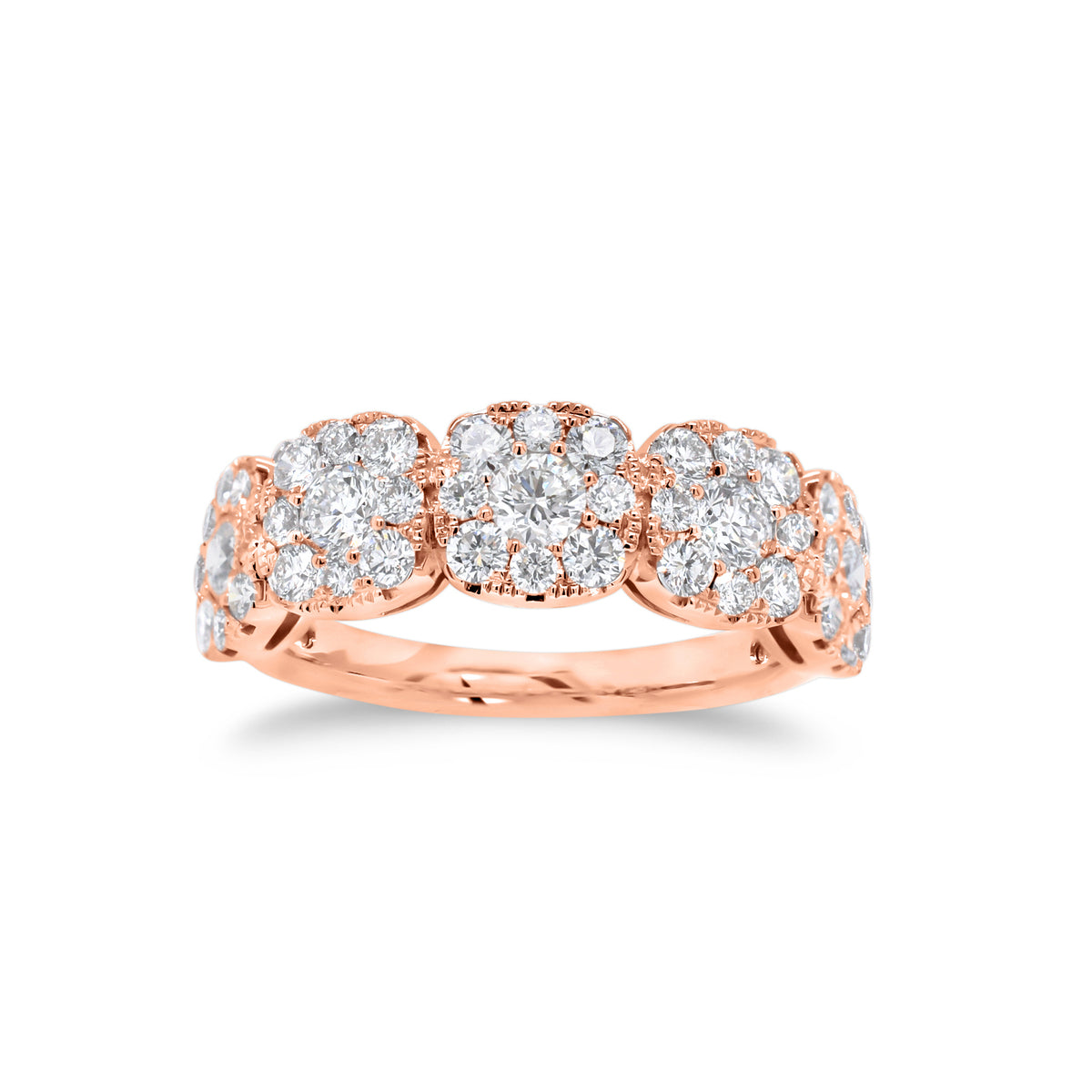 Diamond Cushion Wedding Band  - 18K gold weighing 3.89 grams  - 5 round diamonds totaling 0.50 carats  - 40 round diamonds totaling 0.85 carats
