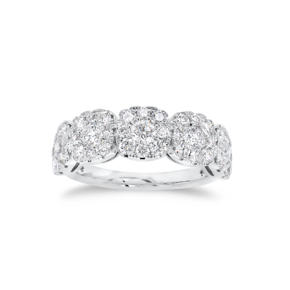 Diamond Cushion Wedding Band  - 18K gold weighing 3.89 grams  - 5 round diamonds totaling 0.50 carats  - 40 round diamonds totaling 0.85 carats