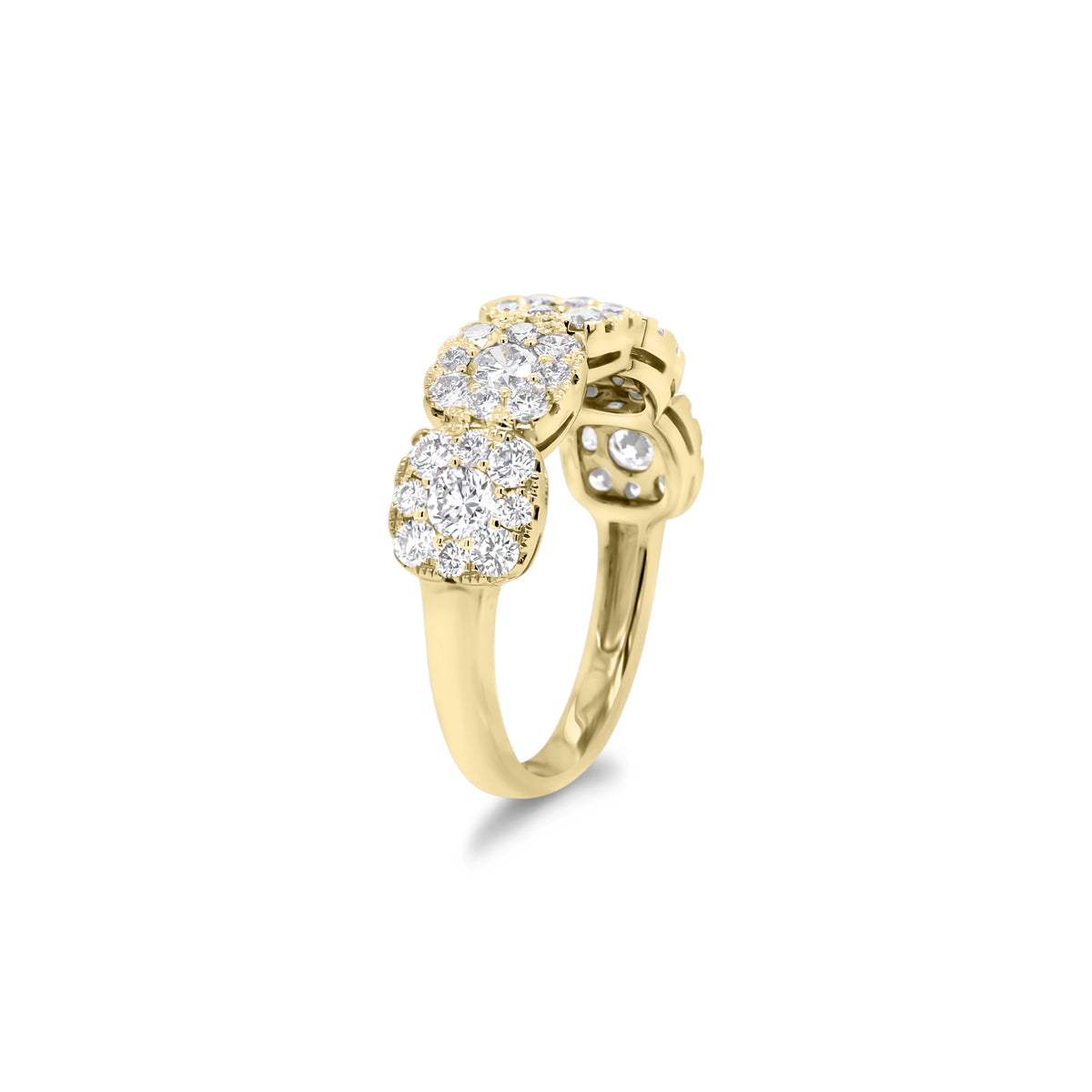 Diamond Cushion Wedding Band  - 18K gold weighing 3.89 grams  - 5 round diamonds totaling 0.50 carats  - 40 round diamonds totaling 0.85 carats