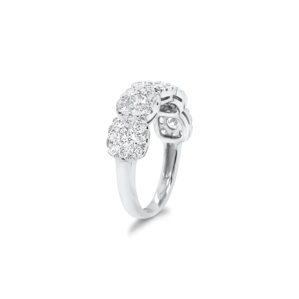 Diamond Cushion Wedding Band  - 18K gold weighing 3.89 grams  - 5 round diamonds totaling 0.50 carats  - 40 round diamonds totaling 0.85 carats